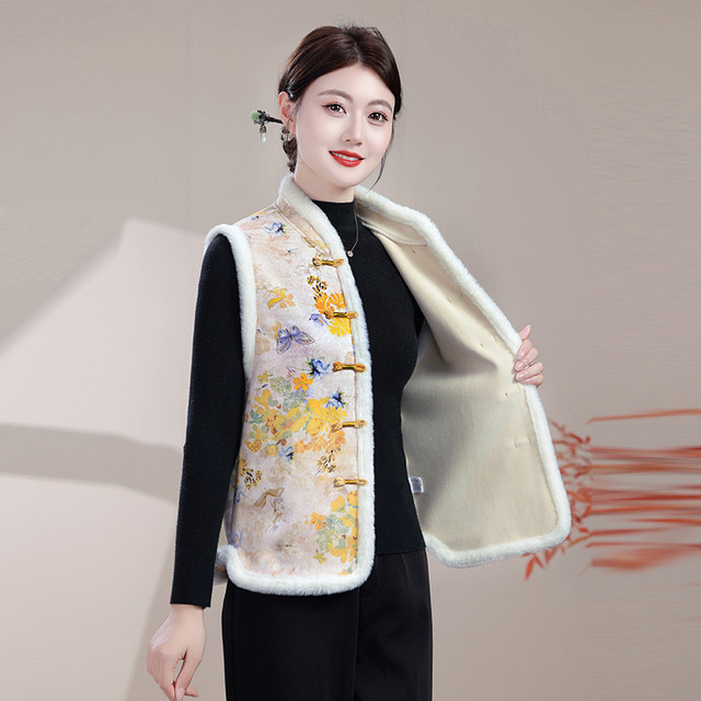 New Chinese-style national style vest for winter plus velvet and thickening, Western-style mom's large size warm Tang suit vest, vest