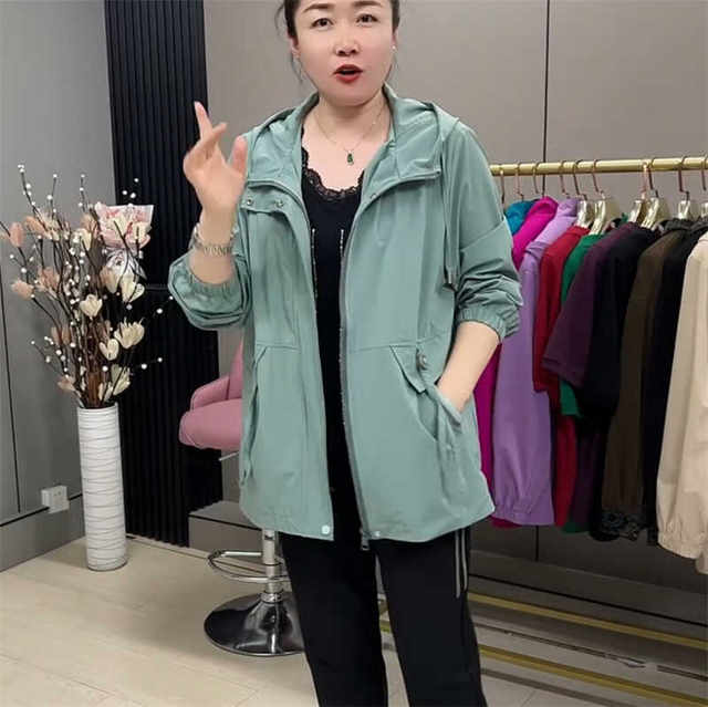 2025 spring new model plus fat plus size fat sister hooded thin solid color jacket middle-aged and elderly fashionable mother suit