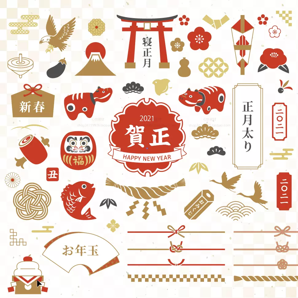 726日式和风传统新年吉祥图标手账png新年海报邀请卡设计