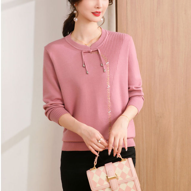 Mom's new autumn clothes, Chinese-style button knitted tops, middle-aged women's style sweaters, middle-aged and elderly autumn and winter bottoming shirts