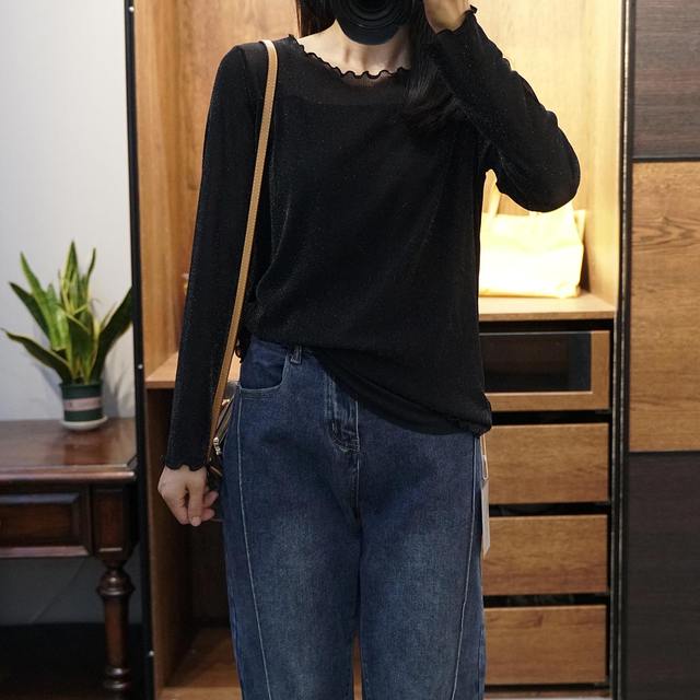 Large size black slim silk T-shirt for women in spring and autumn fashionable inner top round neck long sleeve mesh base shirt thin