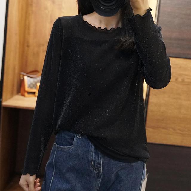 Large size black slim silk T-shirt for women in spring and autumn fashionable inner top round neck long sleeve mesh base shirt thin