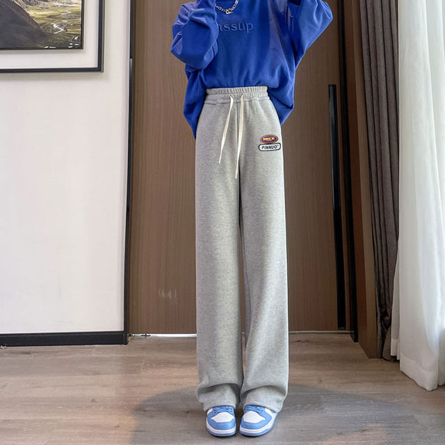 High school junior high school student girl's extended version pants tall autumn and winter plus velvet loose straight sports casual sweatpants