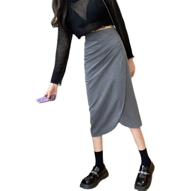 Large size irregular fold split skirt mid -length high -waisted commute bag hip skirt A -line long skirt fat mm summer
