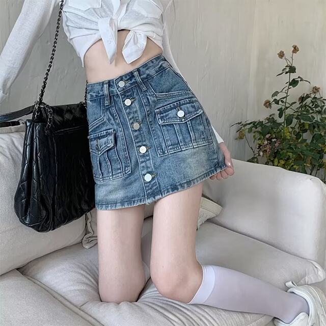 Retro design sense high waist slit denim skirt for women with autumn and winter large size fat mm slim A-line hip short skirt pants
