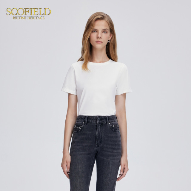 Scofield women's simple round neck short-sleeved T-shirt white loose commuting top summer short-sleeved T-shirt