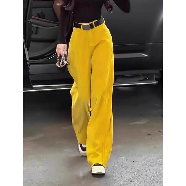 Retro yellow corduroy pants for women in autumn 2025 new American retro high waist draped straight wide-leg pants trendy