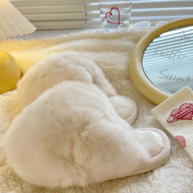 miniso simple fluffy fur slippers women's plush cotton slippers cute home warm anti-slip winter