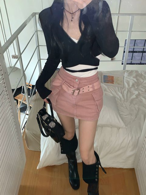 American retro pink denim skirt pants for women in summer new pocket design to make girls look slim and hottie work skirt