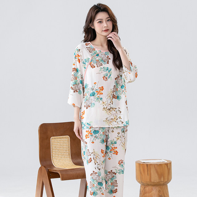 
Chinese style cotton silk pajamas for women in spring and autumn long-sleeved artificial cotton home clothes cotton silk suit summer thin large size Chinese style outside wear