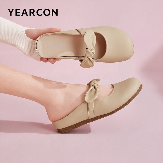 Yierkang women's shoes spring and summer genuine leather half-slippers flat mules lazy sandals wear bow shoes