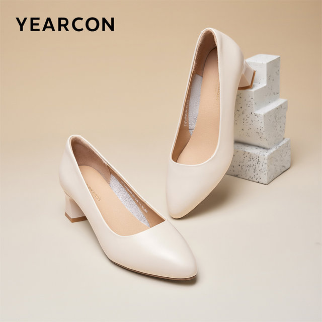 Yierkang women's shoes 2025 new light mouth single shoes genuine leather pointed toe thick heel French temperament commuting work leather shoes