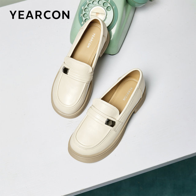 Yierkang women's shoes for spring and autumn commuting single shoes genuine leather loafers thick heel retro British style leather shoes