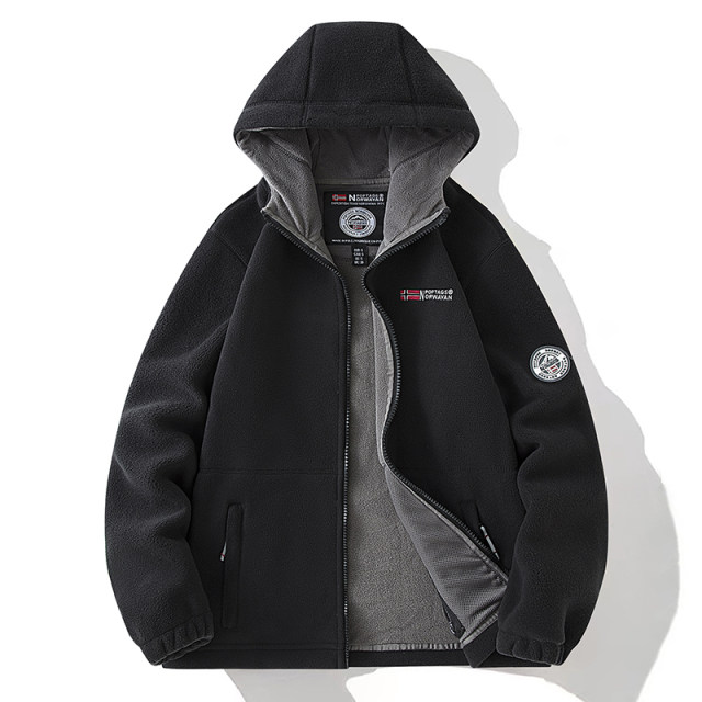 Double-sided fleece jacket for men in autumn and winter thickened warm hooded fleece jacket loose large size plus velvet sweatshirt