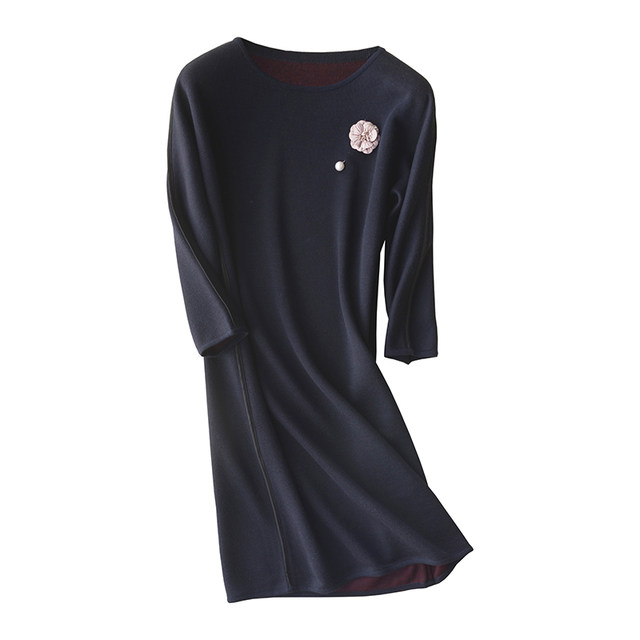 Putting on both sides of a round neck plug -in shoulder, seven -point sleeve wool knit dress, free chest flower spring autumn mid -length skirt tide
