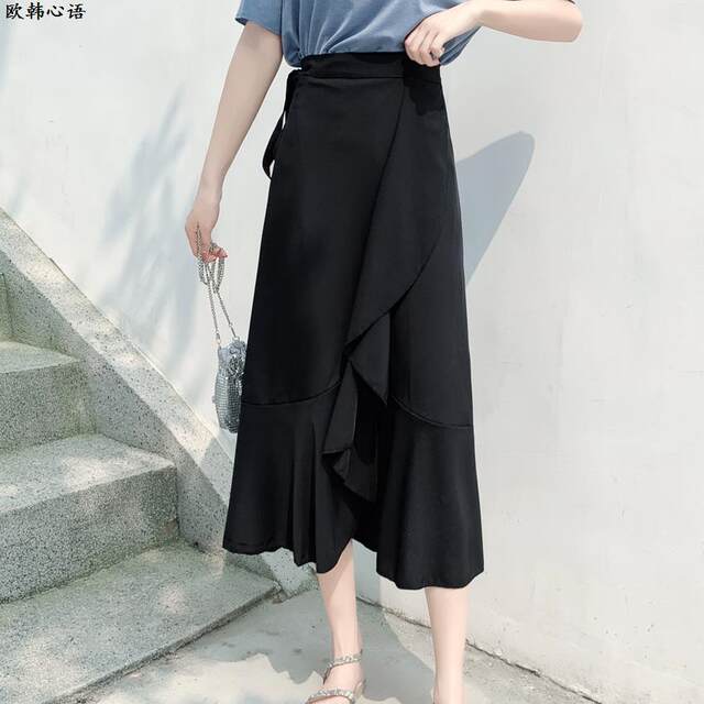 2023 Spring and Summer New Plaid Skirt Women's A-line One-Slice Lace-Wrapped Skirt Irregular Fishtail Mid-Long Skirt