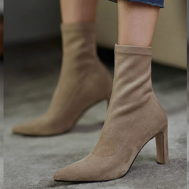 Pointed toe high-heeled short boots for women 2025 autumn and winter new black suede socks boots nude boots thick heel elastic slim boots