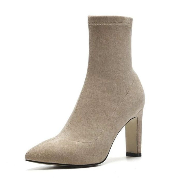 Pointed toe high-heeled short boots for women 2025 autumn and winter new black suede socks boots nude boots thick heel elastic slim boots