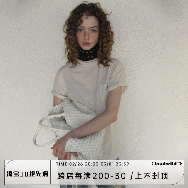 CLOUD WILD White Cloud Wild Border Lazy Casual Style Thin Line Top Half Sleeve Loose Pocket T-shirt Women
