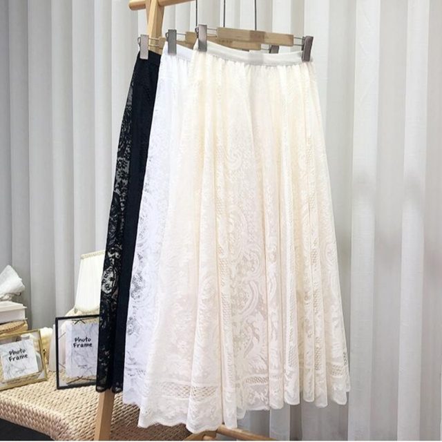 2024 new spring and summer hollow hook lace skirt fat girl versatile high waist slim fit slim long skirt
