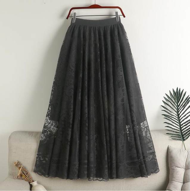 2024 new spring and summer hollow hook lace skirt fat girl versatile high waist slim fit slim long skirt
