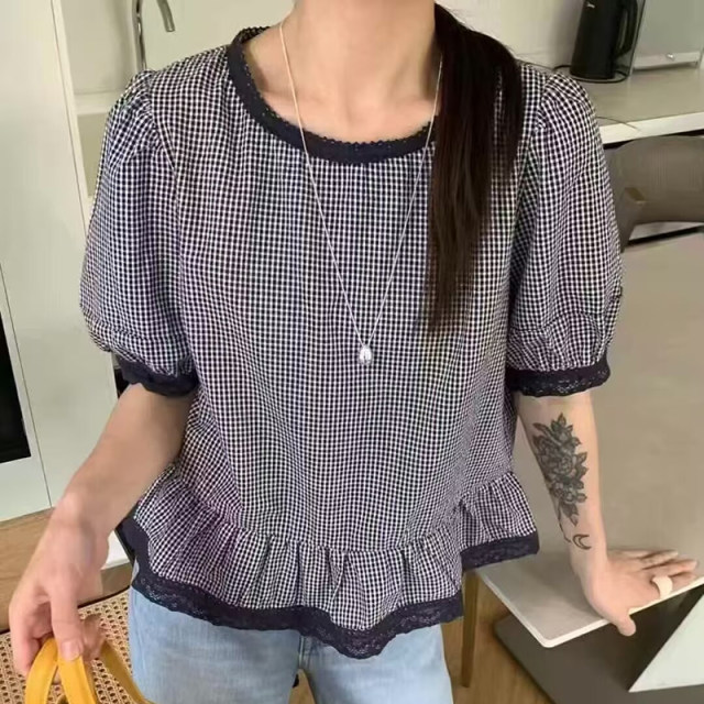 Korean style fashionable lace plaid short-sleeved shirt for women 2025 summer new versatile slim and small top
