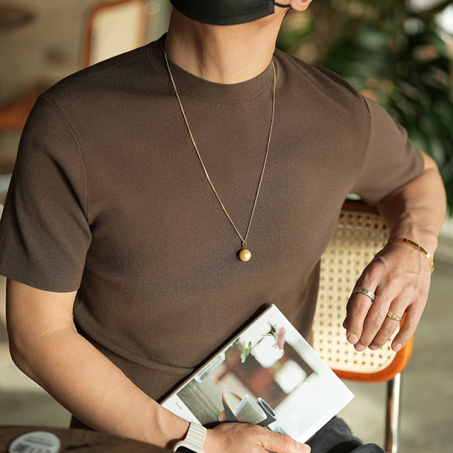 Autumn American retro high -level high -level semi -high -necked short -sleeved knit sweater male solid color temperament half -sleeved wild sweater
