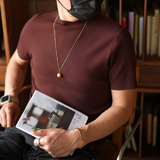 Autumn American retro high -level high -level semi -high -necked short -sleeved knit sweater male solid color temperament half -sleeved wild sweater
