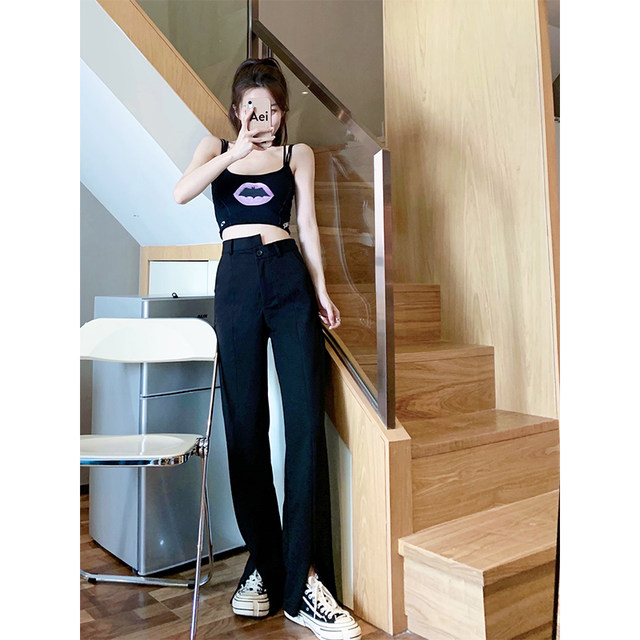 Irregular slit suit pants for women, large size fat girl, mm high waist, slim and drooping casual pear-shaped body trousers
