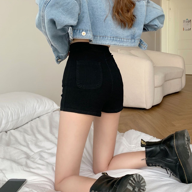 Large size black denim shorts for women in summer thin section for fat girls mm design high waist slim stretch a line hot pants