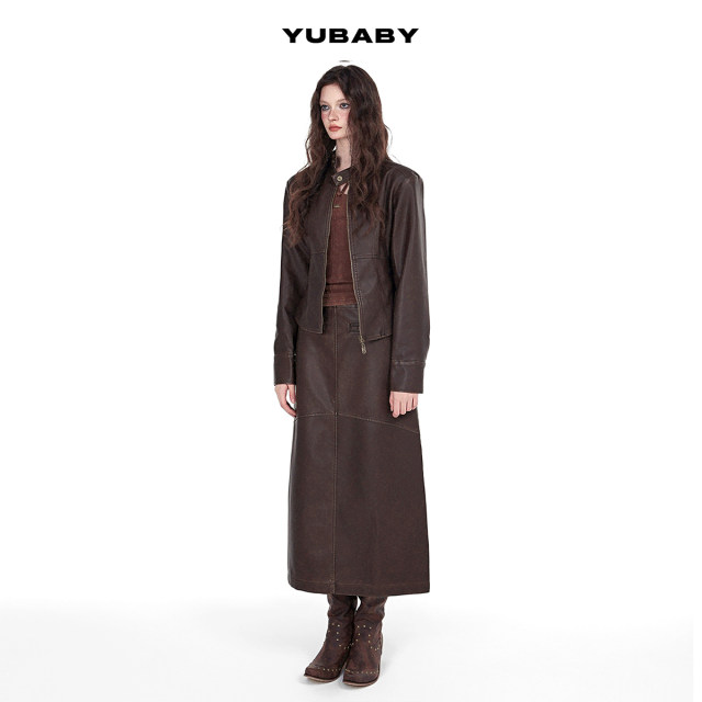 Xiaoyu's old-fashioned brown scrubbing leather retro bronze decorative leather mid-waist long skirt versatile in autumn and winter