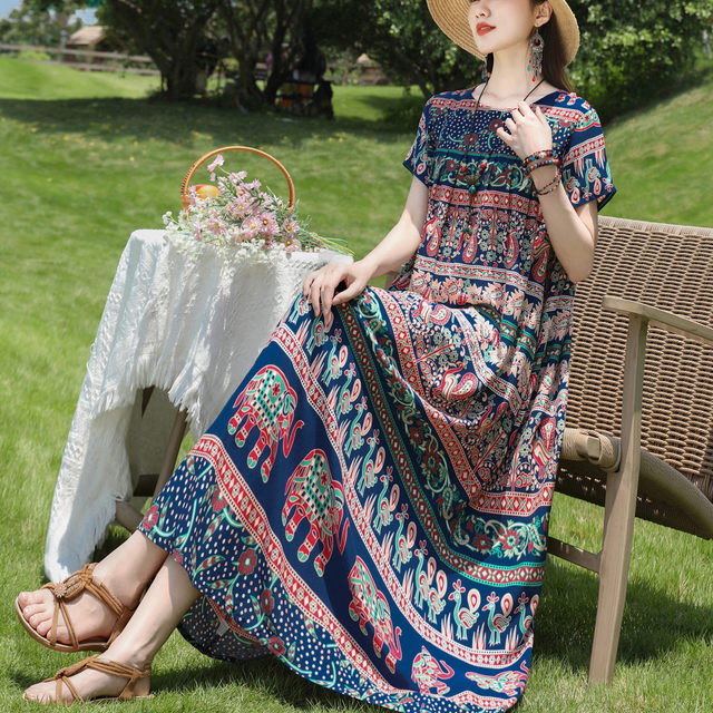 New summer pure cotton silk dress mother's temperament loose casual and fashionable middle-aged and elderly women's skirt