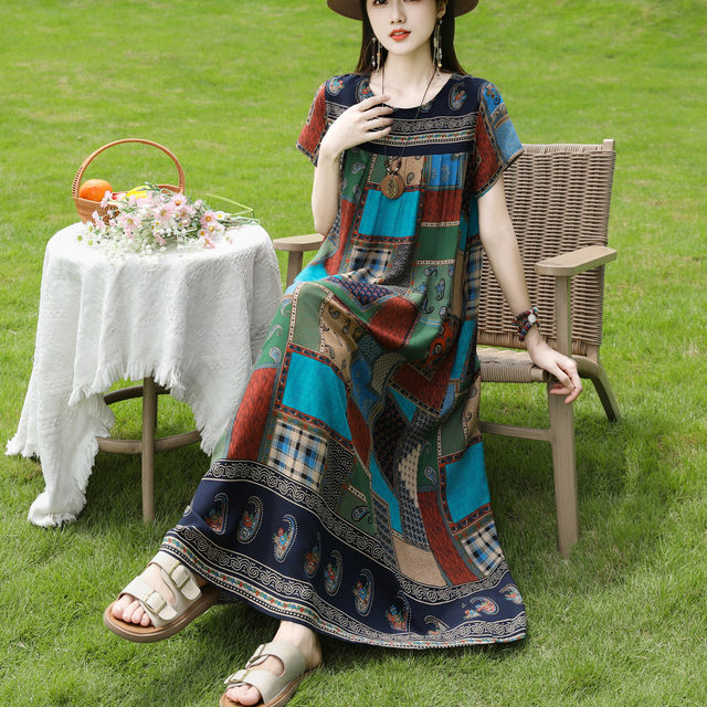 New summer pure cotton silk dress mother's temperament loose casual and fashionable middle-aged and elderly women's skirt