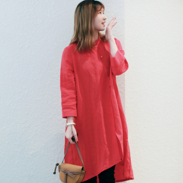 Xi Mo brand women's clothing 2024 spring and summer new sloping buckle Xiaoli collar pure ramie shirt skirt in the long hemp ingredient top
