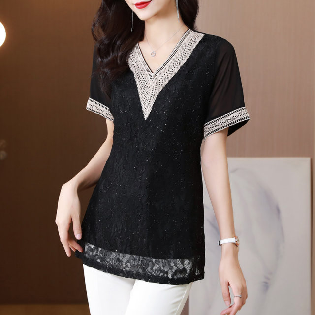 Lace chiffon shirt short sleeves for women mid-length summer 2025 new large size V-neck lace covers belly fat mm top