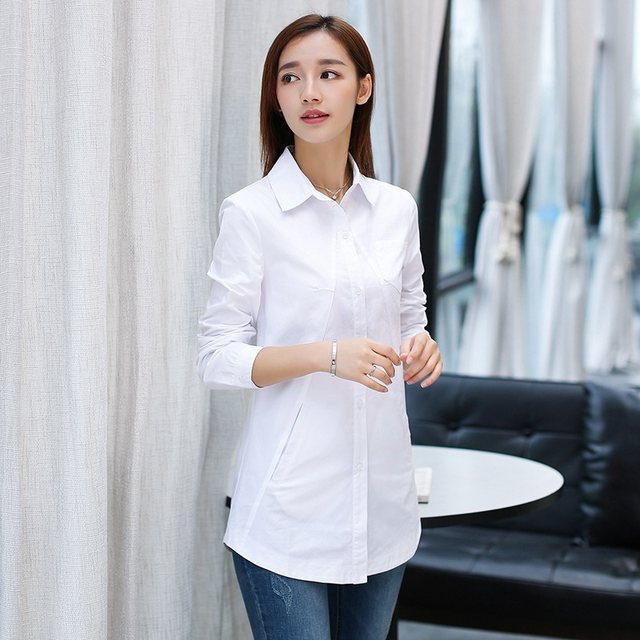 Velvet thickened white shirt women's long-sleeved early autumn and winter mid-length Korean style plus size women's pure cotton loose top