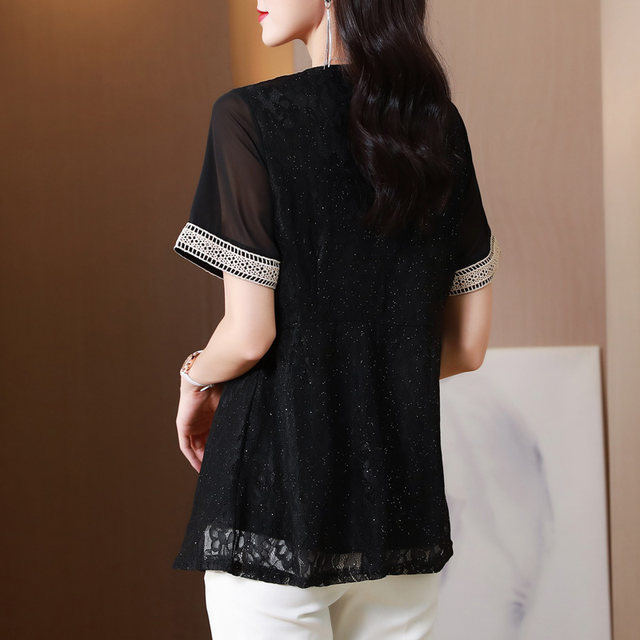 Lace chiffon shirt short sleeves for women mid-length summer 2025 new large size V-neck lace covers belly fat mm top