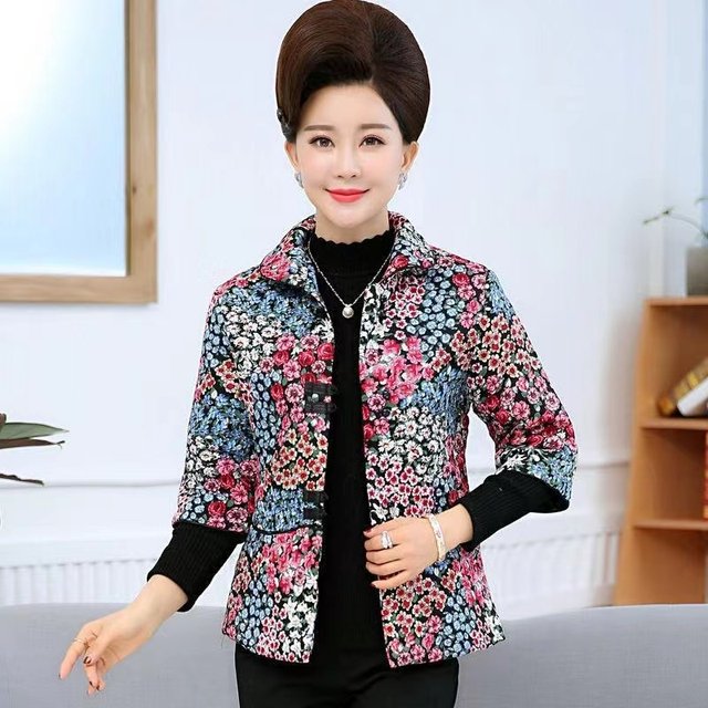 Mom wear spring and autumn middle sleeve cotton coat short style for women 40 years old 50 middle-aged national style thin floral cotton jacket Tang suit