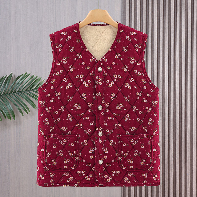 Mother's vest floral corduroy plus velvet thickened autumn and winter clothing middle-aged and elderly women's vest warm waistcoat