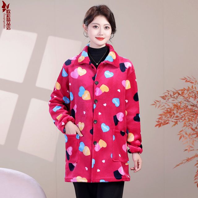 Middle-aged and elderly women's autumn and winter clothing, plus size flannel smock, mother's clothing, velvet warm home coat, work clothes