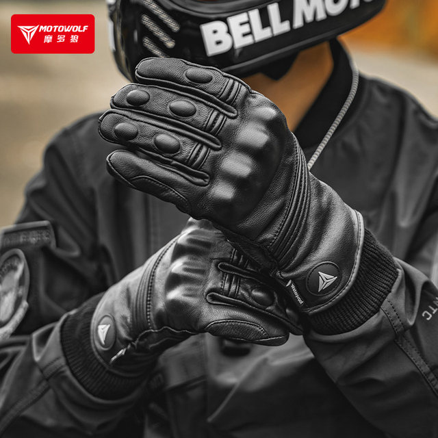 Autumn and winter motorcycle gloves genuine leather cycling electric bikes for men and women motorcycle equipment for warmth, anti-fall, windproof and plush full finger