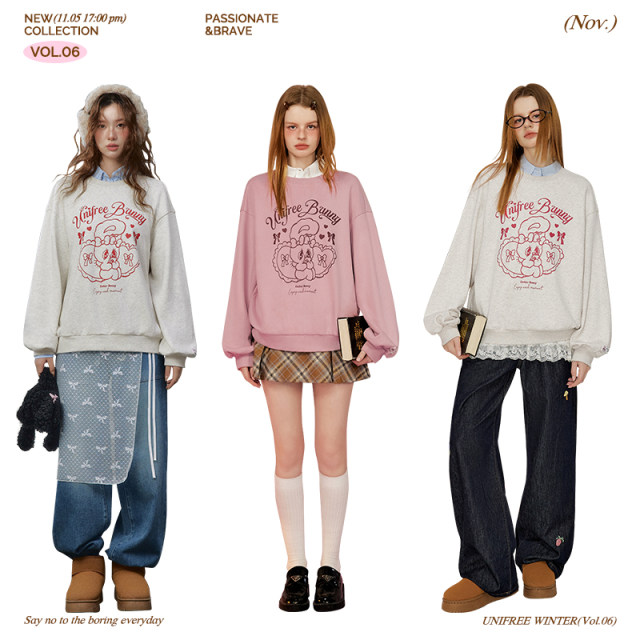 UNIFREE drop-shoulder round neck sweatshirt for women American retro cute loose versatile top
