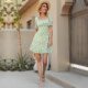New type of waist short -sleeved floral skirt square collar temperament green dress Square Next Floral Dress