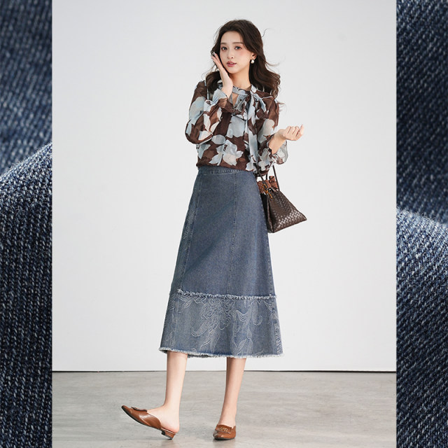 Bailuyu jacquard spliced ​​denim skirt 2025 spring new mid-length high-waisted slim Chinese style A-line skirt