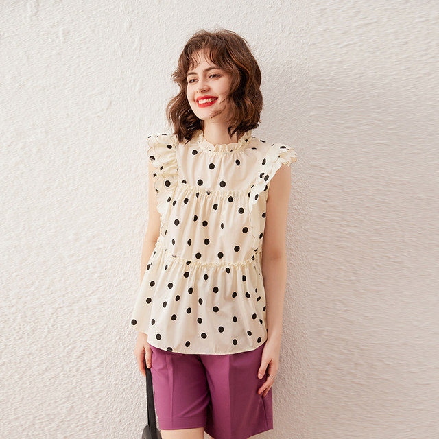 White Deer Speech Polka Dot Print Small Flying Sleeve Shirt Summer New Fashion Temperature Wrinkled Stand Collar Pullover Shirt Women