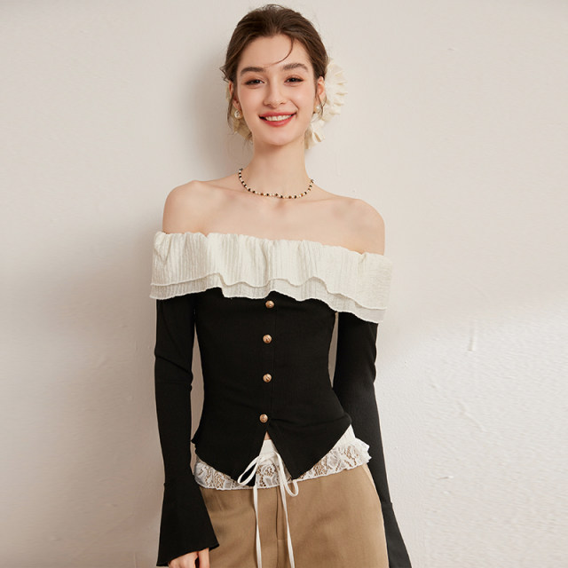 White Deer Amazing Wooden Ear, Shoulder Shirt 2025 Spring New Temperament Slim Slim Strang Long Sleeping Shirt Female
