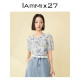 IAmMIX27 round neck puff sleeve shirt for women in summer casual pinch pleated print versatile comfortable and light short-sleeved shirt