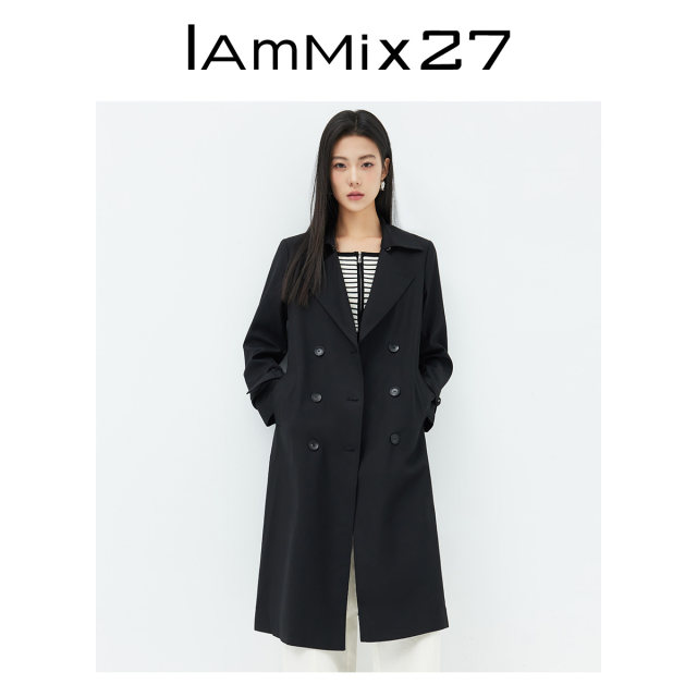 IAmMIX27 spring high-end windbreaker coat women's mid-length over-the-knee classic retro British style black coat