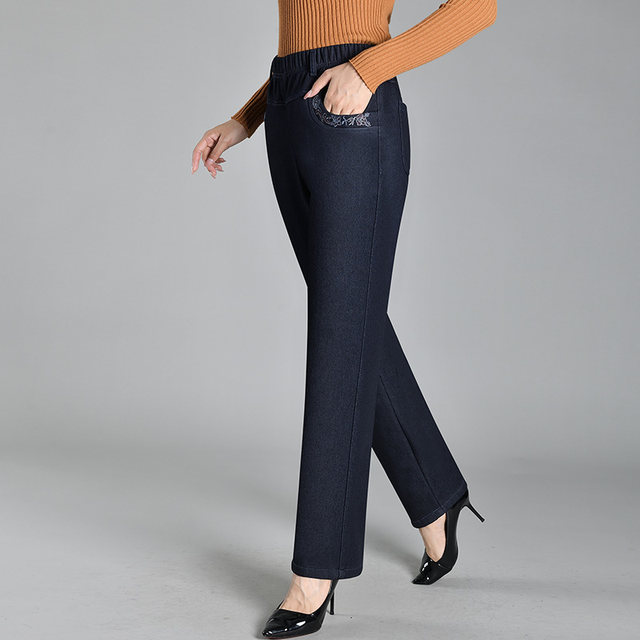 Middle-aged and elderly women's jeans, winter mom pants, thickened velvet, outer wear straight pants, high-waisted elastic granny pants