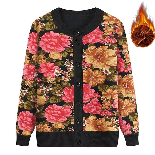 Spring and Autumn middle-aged and elderly grandma wear round neck velvet thickened sweater women's bottoming sweater sweater cardigan floral jacket